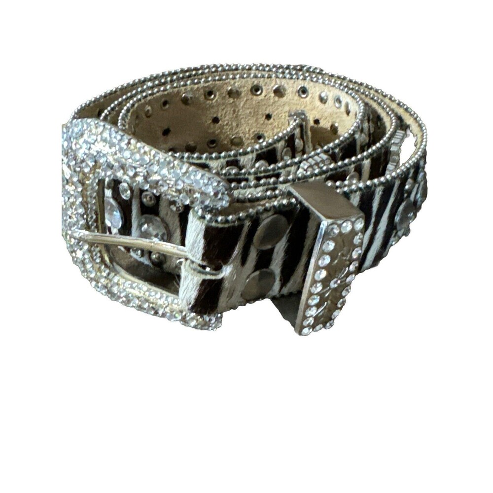 Nocona Zebra Print Leather Belt Hair-on Studded Rhinestone Western Sz XL 44”